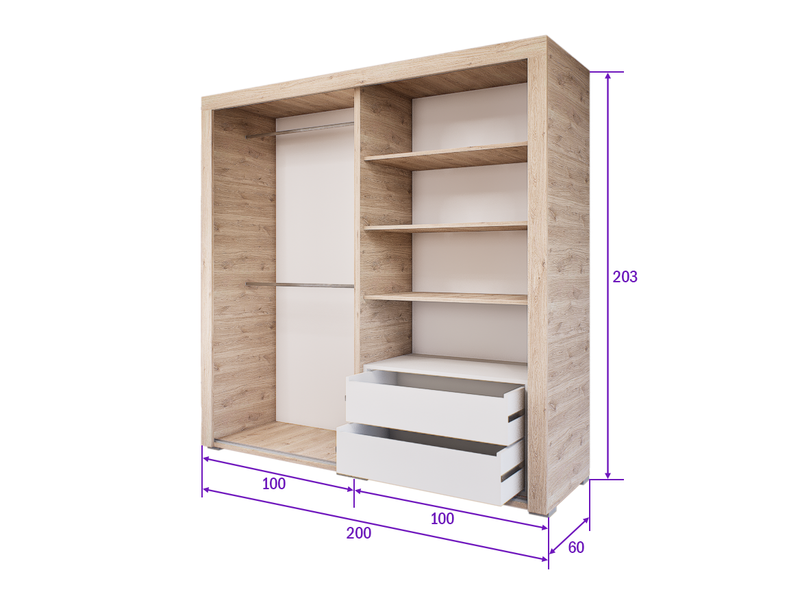 Luxara Tolóajtós Gardrób (Fehér Tölgy) modern